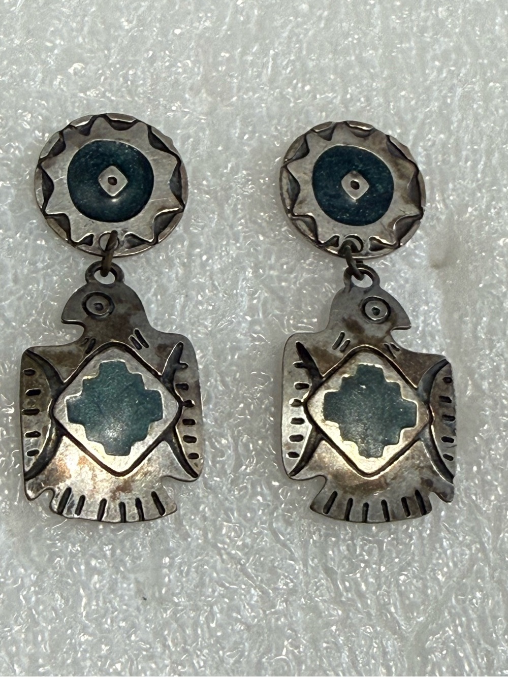 VTG cir 1950 Old Style Stamp 925 Thunderbird Dangle Earrings w/maker stamp